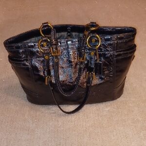 Coach Black Patent Leather Tote with Gold Accents